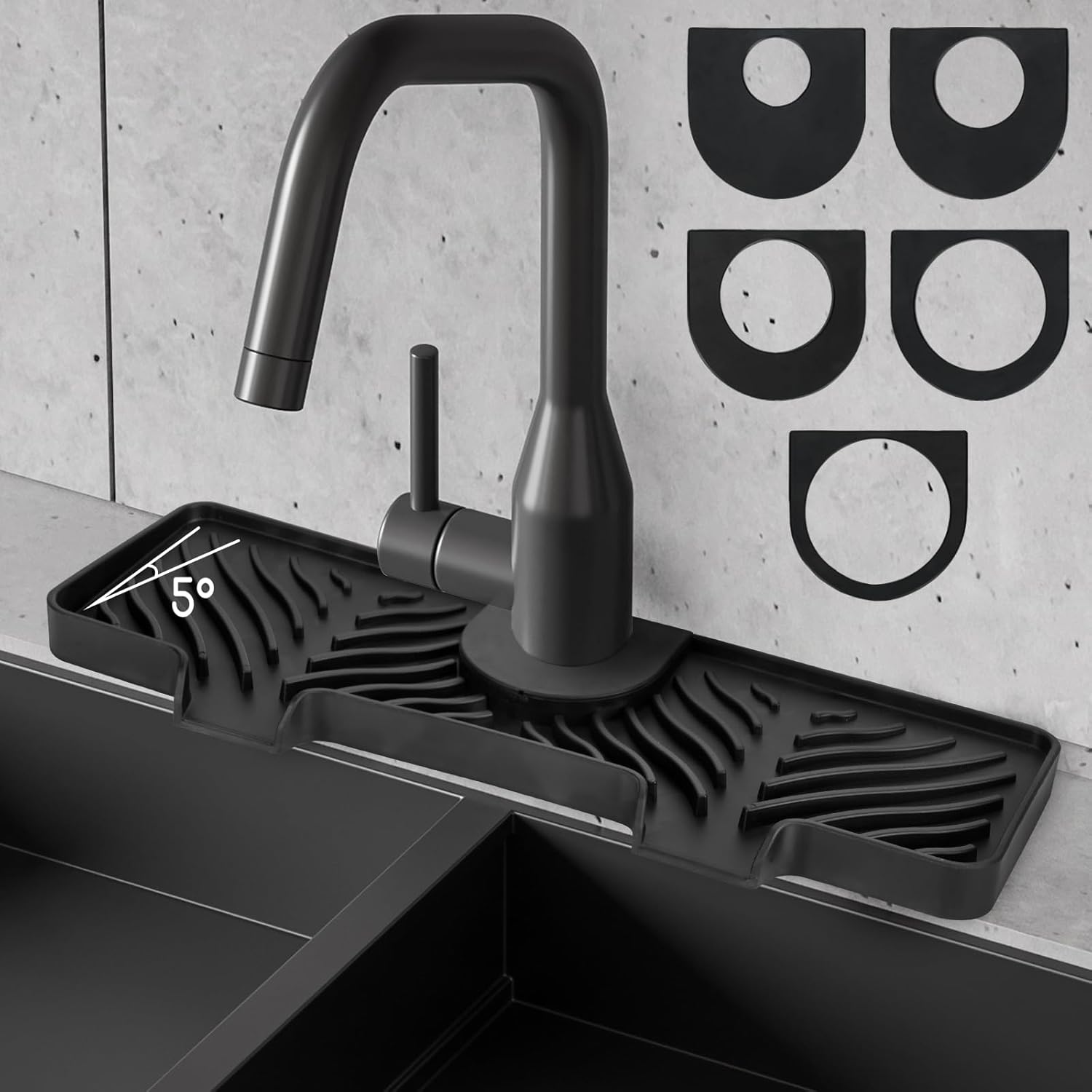 Silicone Faucet Splash Guard - 5°Slope Kitchen Sink Splash Guard, 14.6x5.2x0.8 Inch Faucet Mat for Kitchen Sink with 5 Sizes of Rubber Rings, Silicone Sink Mat for Kitchen Bathroom(Black)